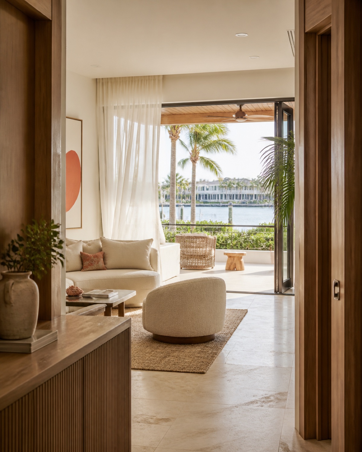 Airy coastal living room with natural textures and water views
